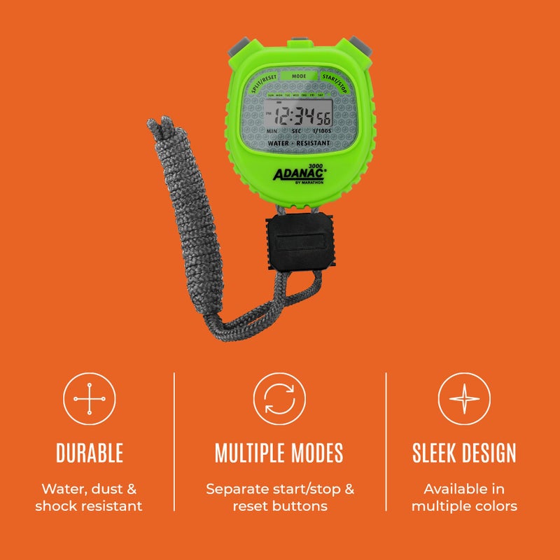 Marathon Adanac 3000 Digital Stopwatch Timer, Neon Green - High Precision Accuracy to 1/100th Seconds - Water, Dust & Shock Resistant - 46â€ Lanyard Included - Image 4
